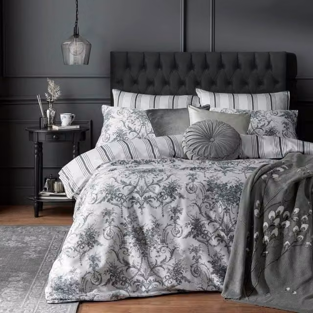 Laura Ashley Tuileries Mako Satin Cotton Duvet Cover and Pillowcase Set in Charcoal Grey