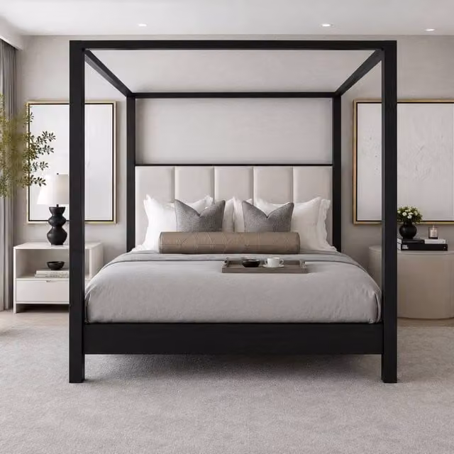 Stratus Interiors Upholstered Four Poster Bed Frame in Black, Super King Size (200 x 200 cm)
