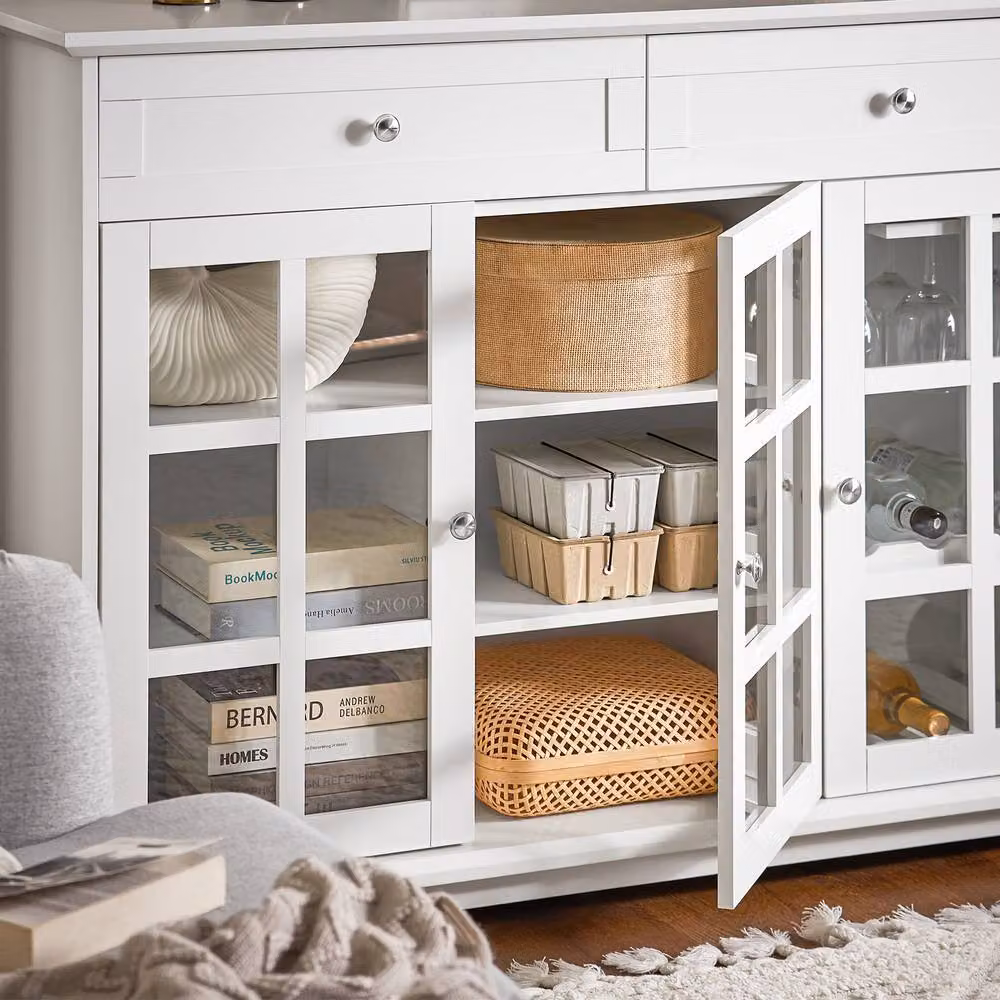 SoBuy White Farmhouse Sideboard with Glass Doors and Silver Accents – 7