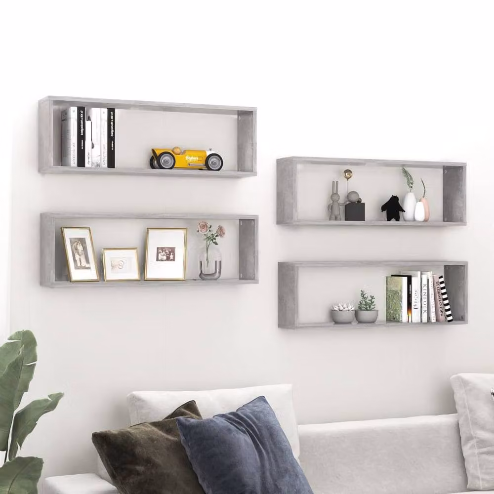 Berkfield Home Wall Mounted Cube Shelf Set of 4, Concrete Grey, W: 80 cm, D: 26.5 cm, H: 15 cm – 2