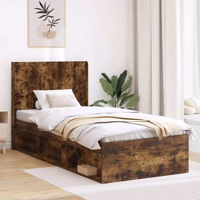 Berkfield Home Modern Bed Frame with Headboard and Side Compartment Storage in Smoked Oak Brown, W: 75 cm, L: 190 cm – 1