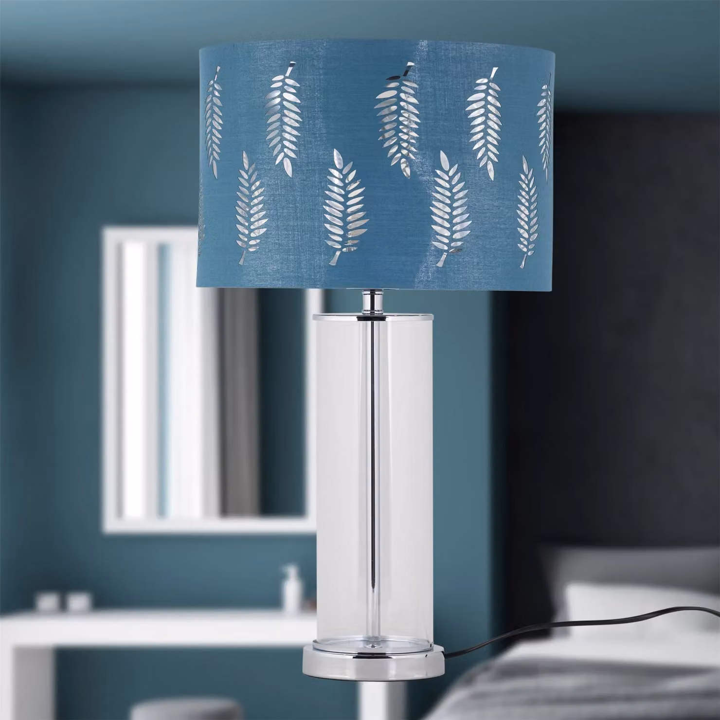 First Choice Lighting Aura Set of 2 Chrome Table Lamps with Teal Fern Cut Out Shades in Silver – 4