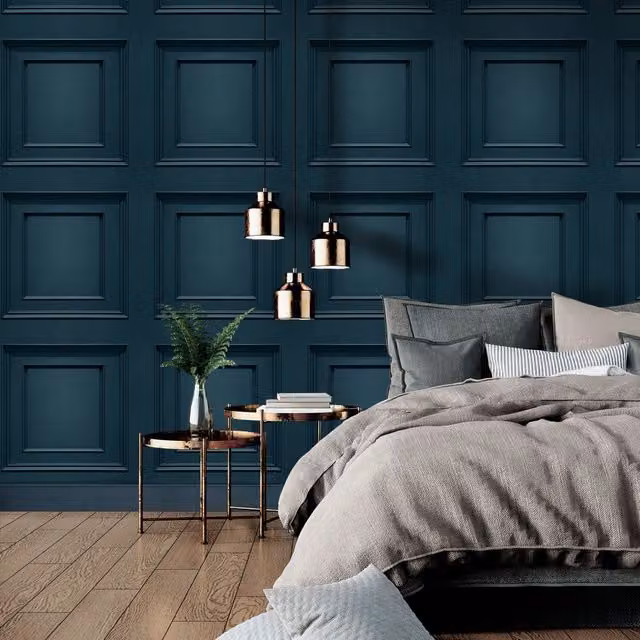 Belgravia Decor Oliana Navy Blue Abstract Geometric Modern Wallpaper Roll