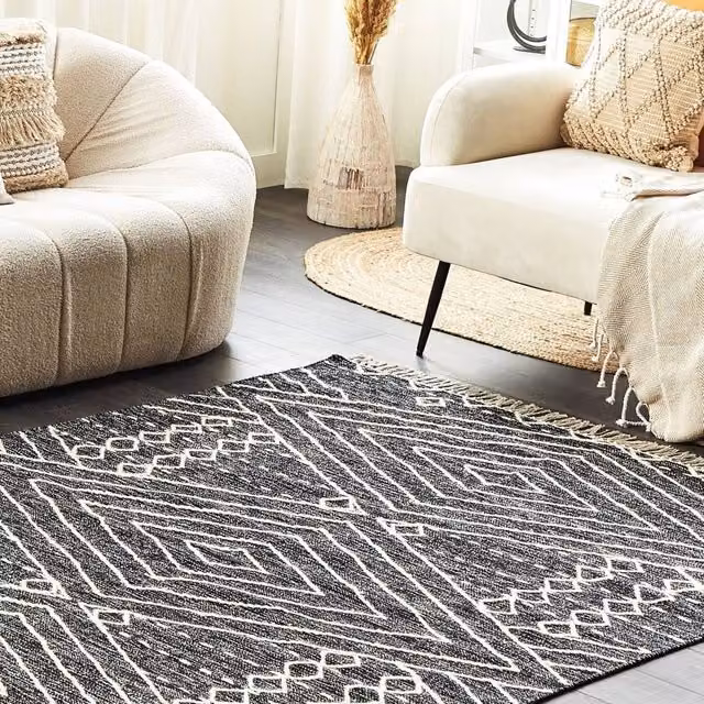 Wyld and Coco Handwoven Geometric Cotton and Wool Rug in Black and White, W: 160 cm, D: 230 cm
