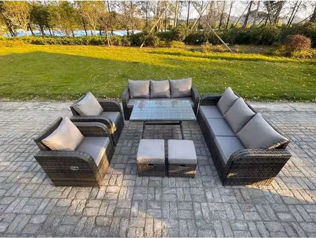 Fimous 10-Seater Dark Grey Rattan Outdoor Sofa and Dining Set with Galvanised Steel Frame
