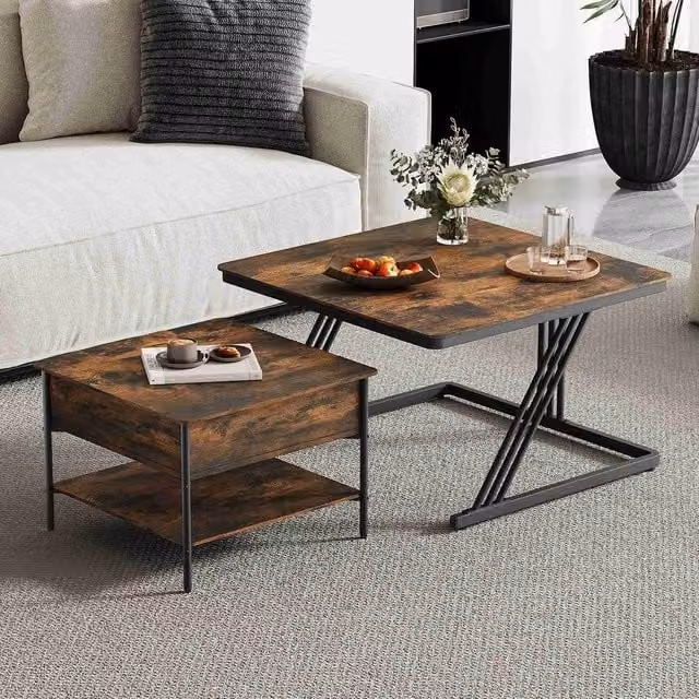 Dprodo Set of 2 Round Nesting Coffee Tables in Brown Walnut Finish – 1