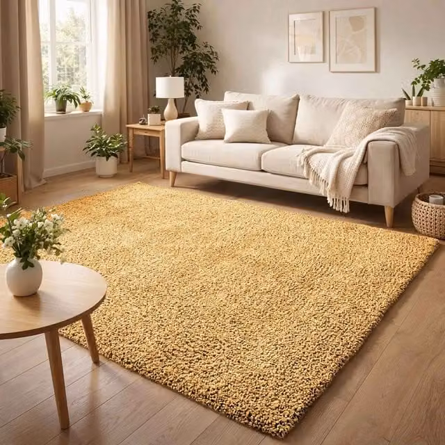 Desire Rugs Ainsley Modern Plain Shaggy Area Rug in Gold, Polyester, W: 290 cm