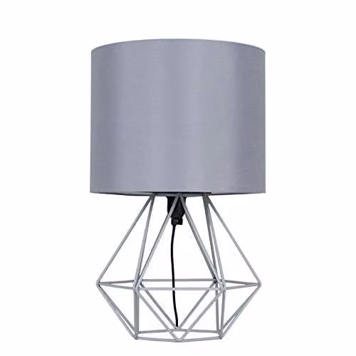 MiniSun Modern Grey Metal Basket Table Lamp with Fabric Shade