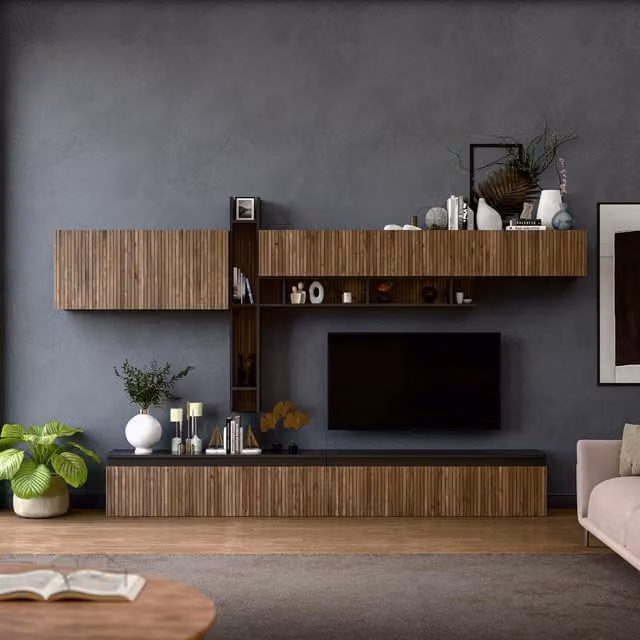 Decorotika Murcia Modern Wall Mounted Entertainment Center in Black with Open Shelving and Striped Details