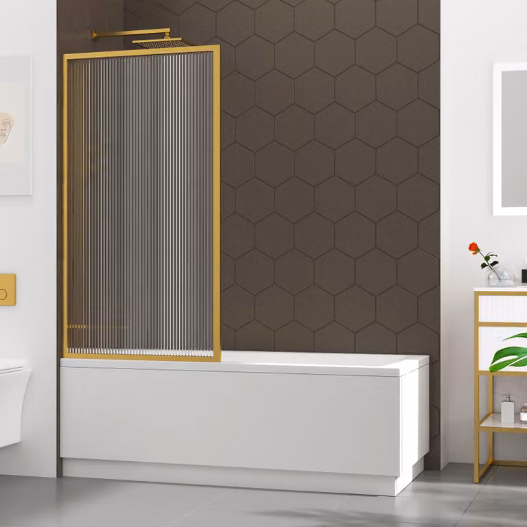 Cesar Square Single-Ended White Acrylic Bath Tub with Brushed Brass Framed Fluted Screen