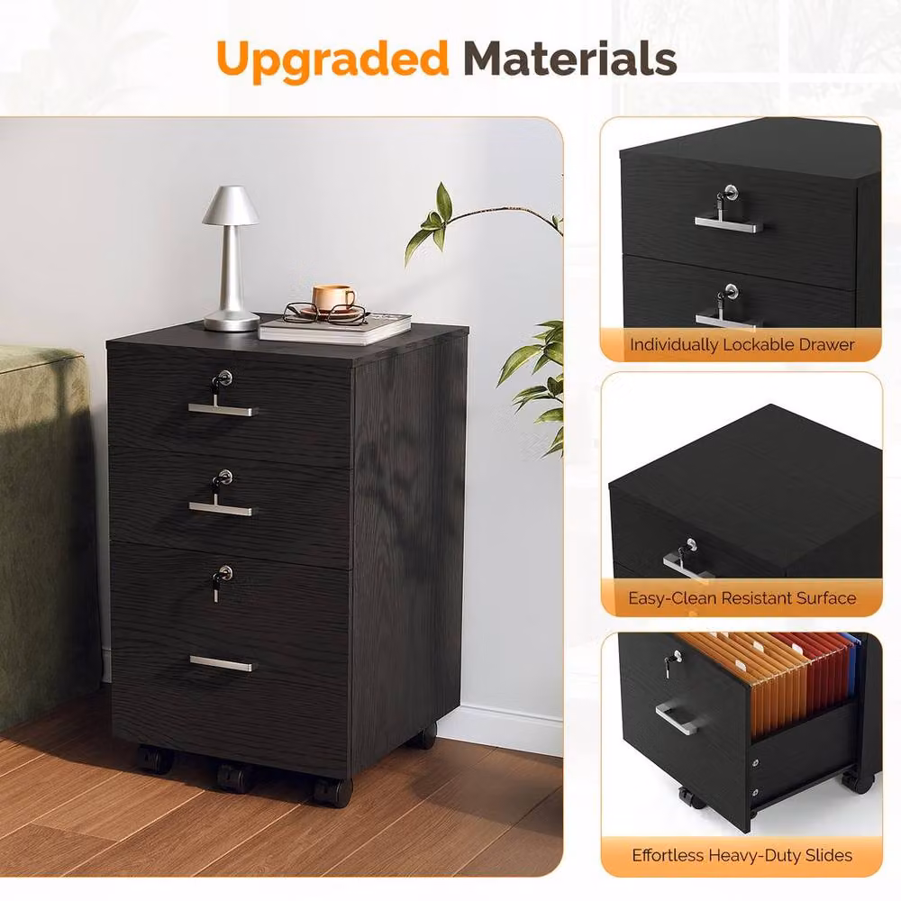 EONLION Black Wooden 3-Drawer Rolling File Cabinet Organiser – 3