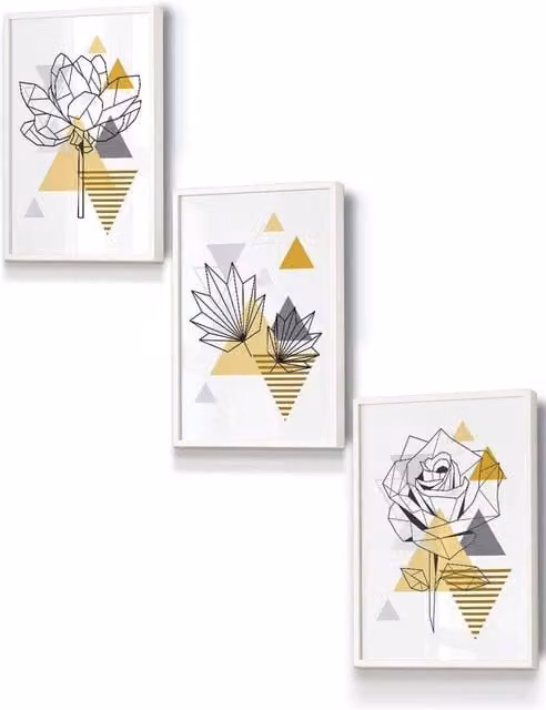 ARTZE Boho Geometric Botanical Wall Art, Yellow and Grey Abstract Flowers in a White Wood Frame, W: 33 cm, H: 45 cm, D: 2 cm