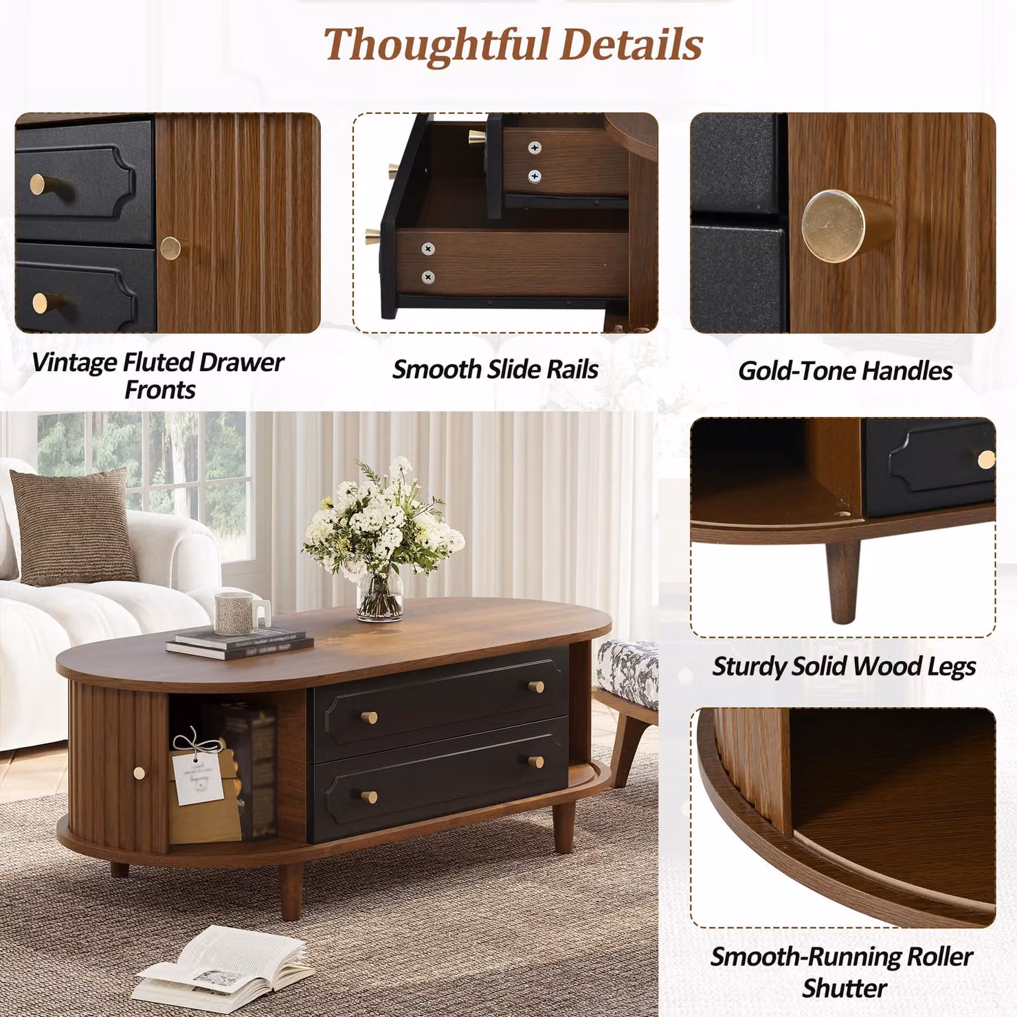 Aosom UK Minimalist Walnut Living Room Coffee Table with 2 Drawers and Roll-Up Door, W: 100 cm, D: 50 cm, H: 36 cm – 6