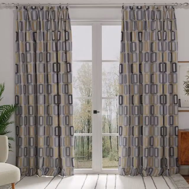 Terrys Dahl Made to Measure Blackout Fabric Panel Curtain in Yellow, Grey and Multicolour Graphic Design