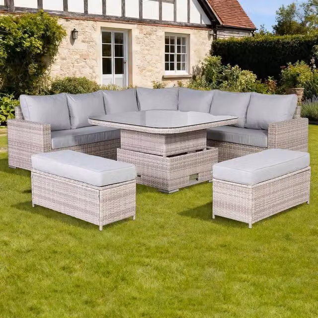 Furnishings For Less UK Round Corner Rattan Patio Sofa Set with Adjustable Table in Grey – 1