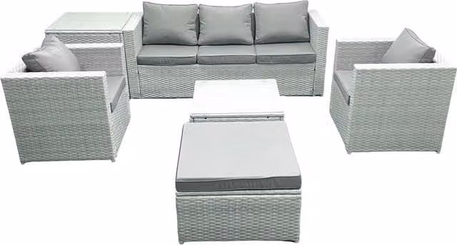 Fimous 6 Seater Rattan Garden Furniture Set in Light Grey with 3 Seater Sofa, 2 Chairs, Square Coffee Table and Large Footstool