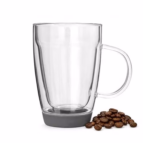 Orsina Double Walled Glass Mug, 350ml, Transparent and Grey with Silicone Base – 1
