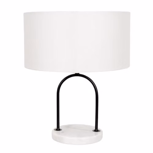 ValueLights Rachel Black Arch Marble Base Table Lamp with White Linen Shade and LED Bulb