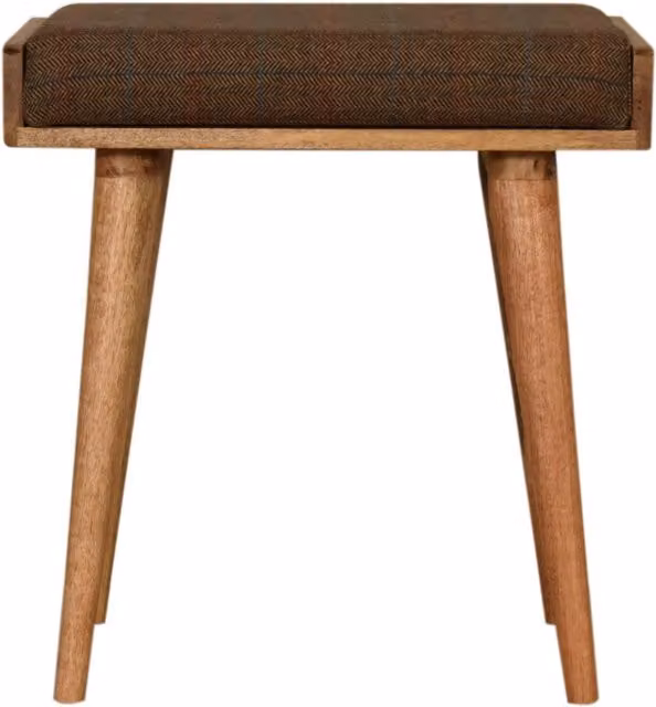 KDMK Modern Checked Multi Tweed Tray Style Footstool in Brown with Mango Wood Frame