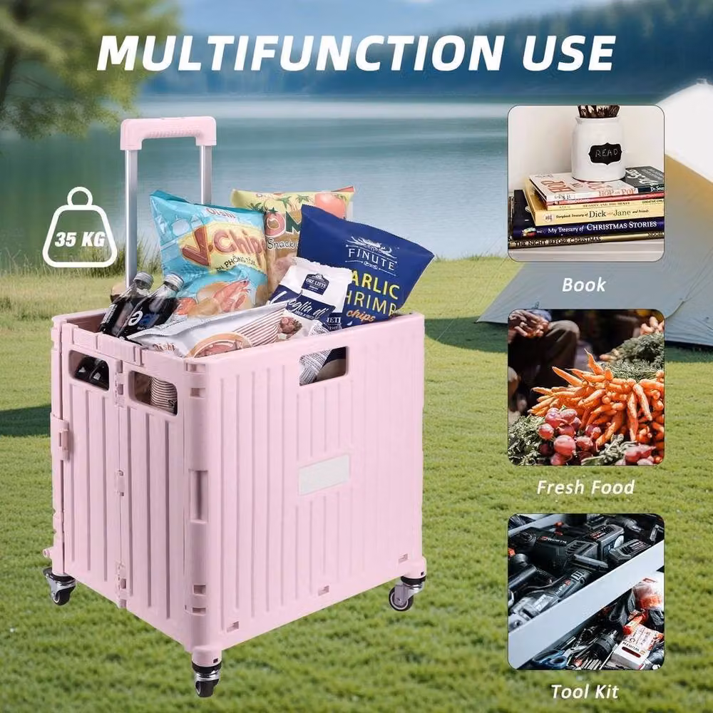 Kelvenix Folding Storage Box Trolley Cart with Wheels in Pink – 2