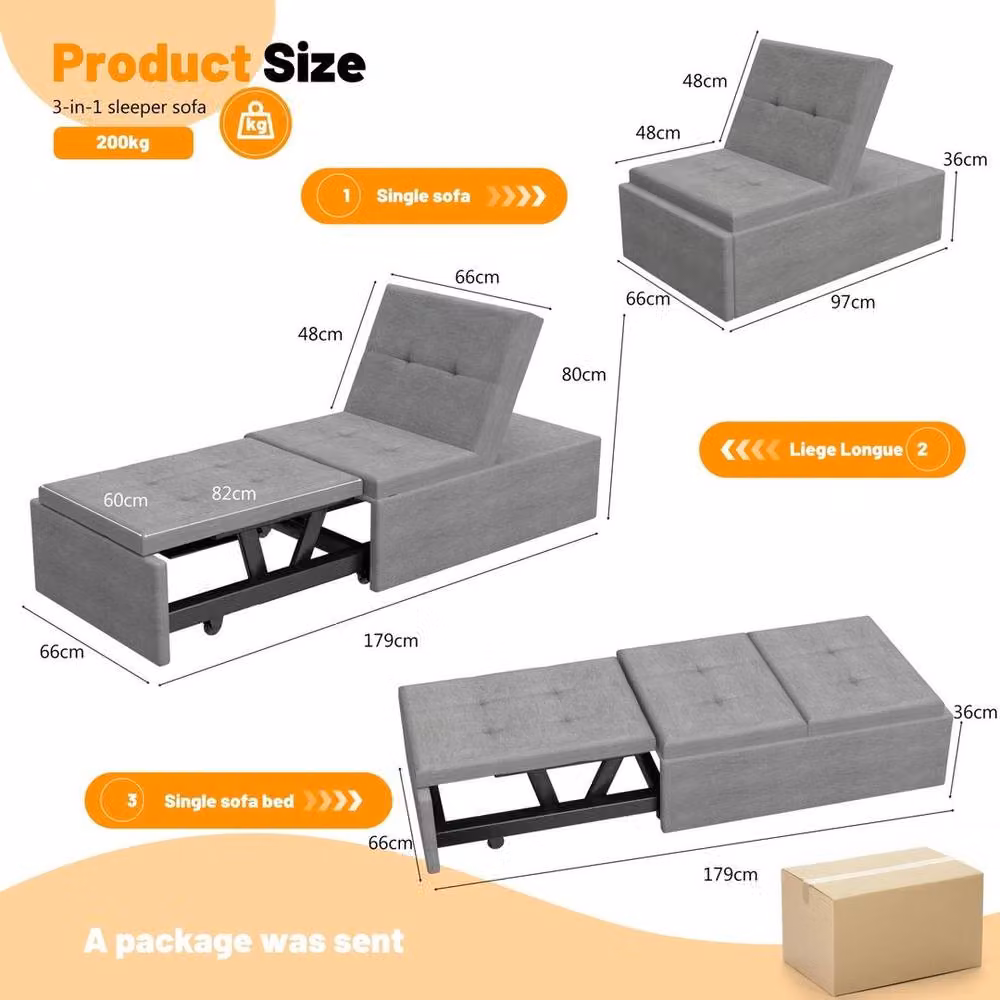 EONLION 4-in-1 Multifunction Folding Sofa Bed with Ottoman in Grey – 2