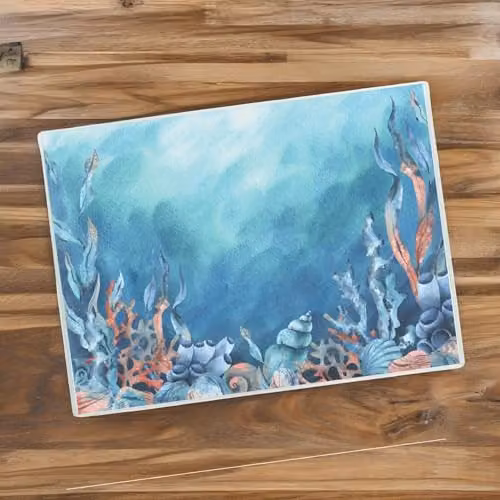Purely Home Under The Sea Rectangular Glass Worktop Protector in Blue and Multicolour with Non-Slip Feet, W: 39 cm, D: 28.5 cm – 2