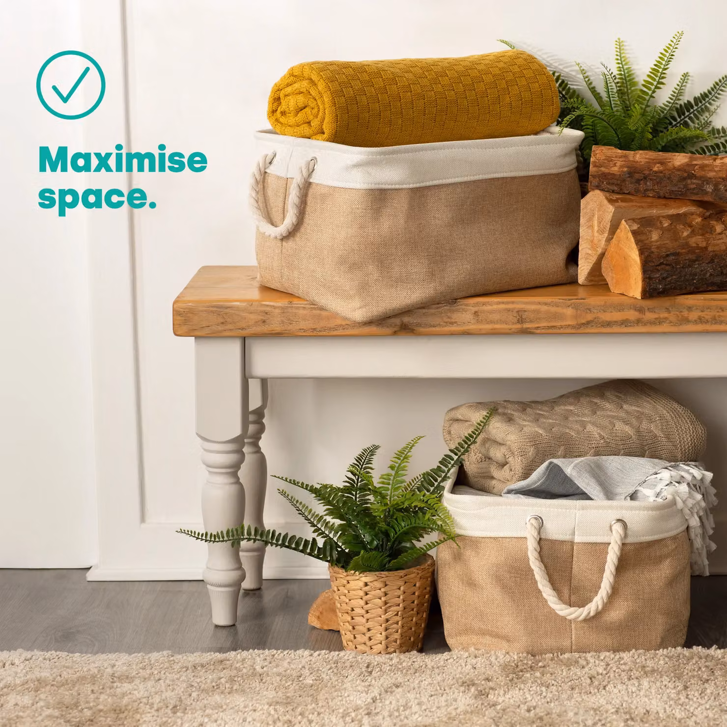 LIVIVO Mara Set of 2 Large Grey Fabric Storage Baskets with Cotton Rope Handles, 32L Capacity – 3