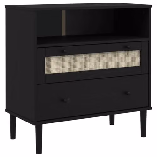 vidaXL SENJA Sideboard in Black Lacquered Solid Pine Wood with Rattan Look, W/D/H: 80 x 40 x 80 cm