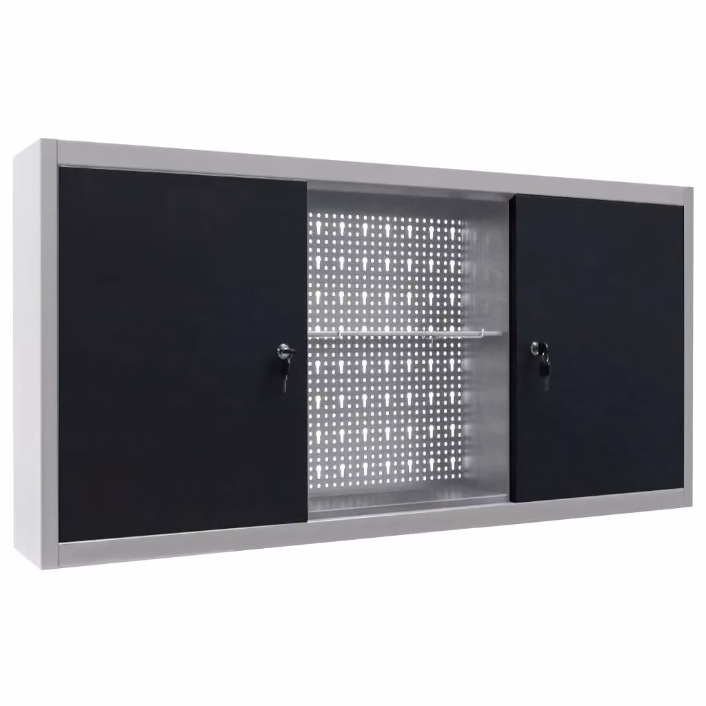 Berkfield Home Industrial Style Wall Mounted Metal Tool Cabinet in Matt Grey and Black – 2