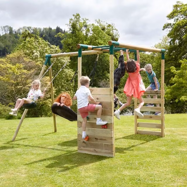 Rebo Wooden Double Swing Set with Slide in Green and Brown