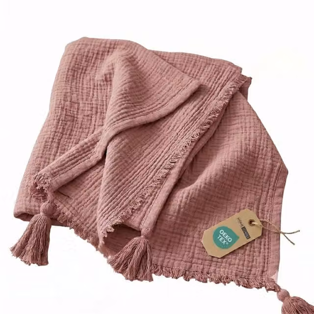Homescapes Woven Cotton Muslin Throw Blanket in Pink and Brown