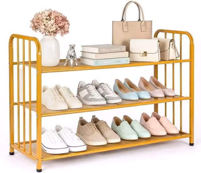 Kelvenix 3-Tier Metal Free-Standing Shoe Rack in Gold, W: 80 cm, D: 27 cm, H: 53 cm