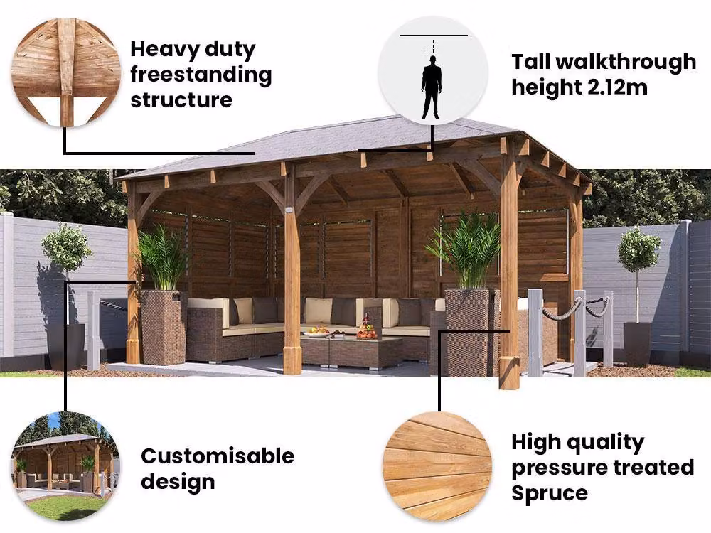 Dunster House Leviathan Wooden Gazebo Kit with Louvre Wall and Bitumen Shingles, Brown, W: 5 m, D: 3 m – 2