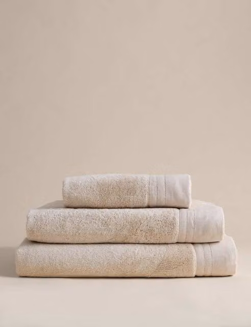 M&S Pure Cotton Fluffy Terry Towel with Linen Border in Beige