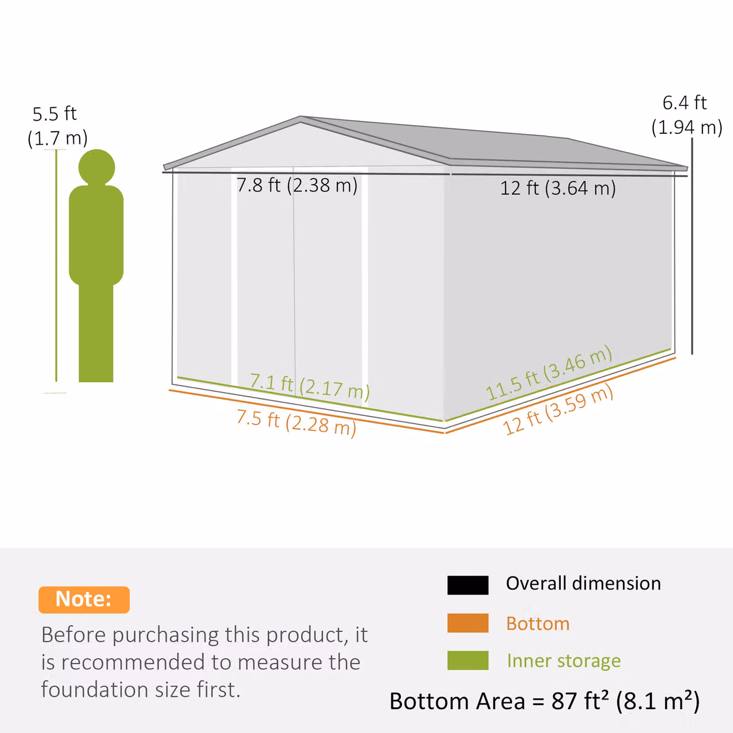 Outsunny Dark Grey Galvanised Steel Garden Storage Shed with Lockable Double Doors and 4 Vents, W: 365.76 cm, D: 238.0 cm, H: 194.0 cm – 3