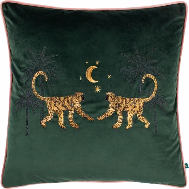 Dusk Monkey Emerald Green Velvet Embroidered Square Cushion with Removable Polyester Cover