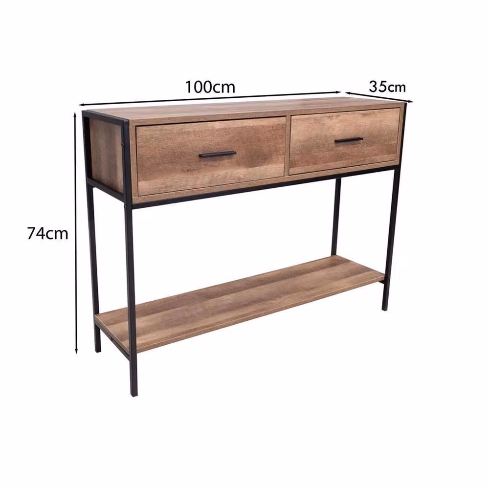 VOGREX Industrial Metal and Wood Console Table with 2 Drawers and Storage Shelf in Brown and Black – 2