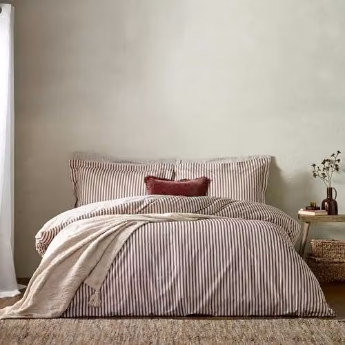 Yard Hebden Striped 100% Cotton Duvet Cover and Pillowcase Set, Red, Single (90 x 200 cm)