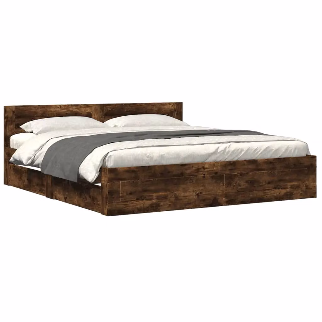 Berkfield Home Bed Frame with Headboard and Drawers in Smoked Oak Brown, W/D/H: 200 x 200 cm – 2