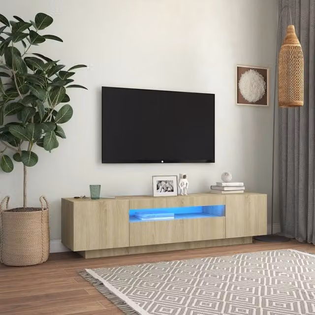 Berkfield Home Modern TV Cabinet with LED Lights in Sonoma Oak Brown, W/D/H: 160 x 35 x 40 cm – 1
