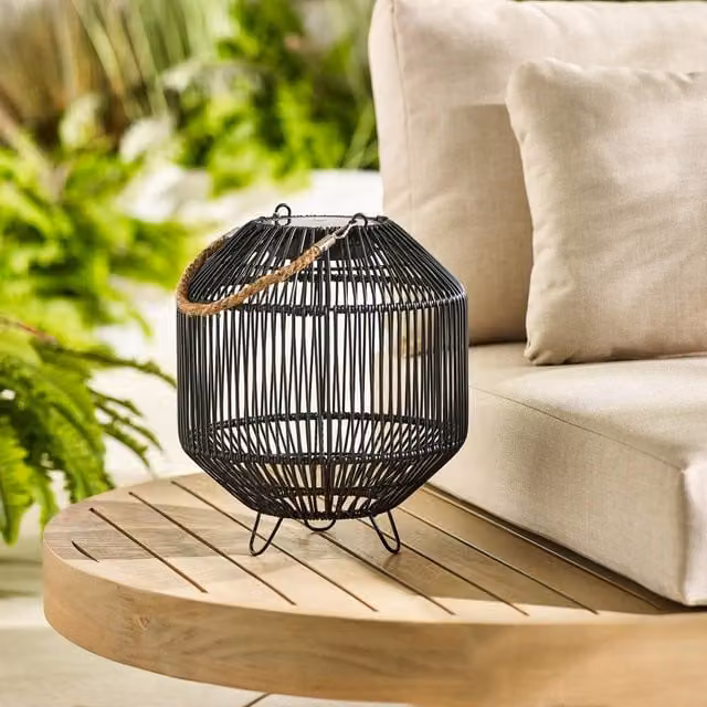 FurnitureboxUK Naples Black Rattan Hanging Solar LED Outdoor Lantern with Warm White Light