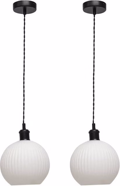 First Choice Lighting Betchley Set of 2 Retro Pendant Lights with White Ribbed Glass Spheres and Black Metal Accents – 1
