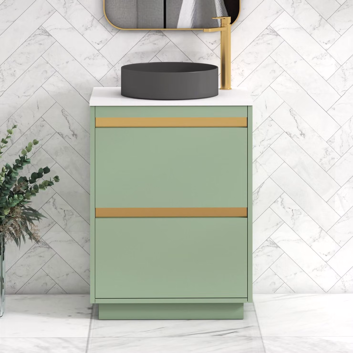 Royal Bathrooms Orion 600mm Mint Sage Floor Standing Vanity Unit with 2 Drawers, White Countertop and Art Round Basin with Brushed Brass Accent Trim