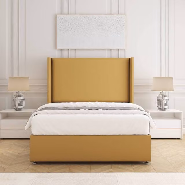 BSSPOKE Austin Divan Bed Set with 54 inch Plush Velvet Headboard and Mattress in Yellow, Single, W/D/H: 90 x 190 cm