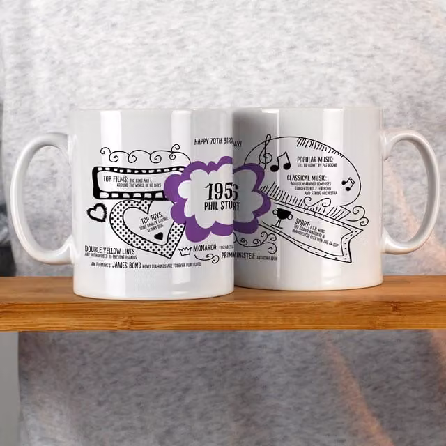 Afewhometruths Personalised 70th Birthday 1956 Milestone Mug in Purple and White – 1