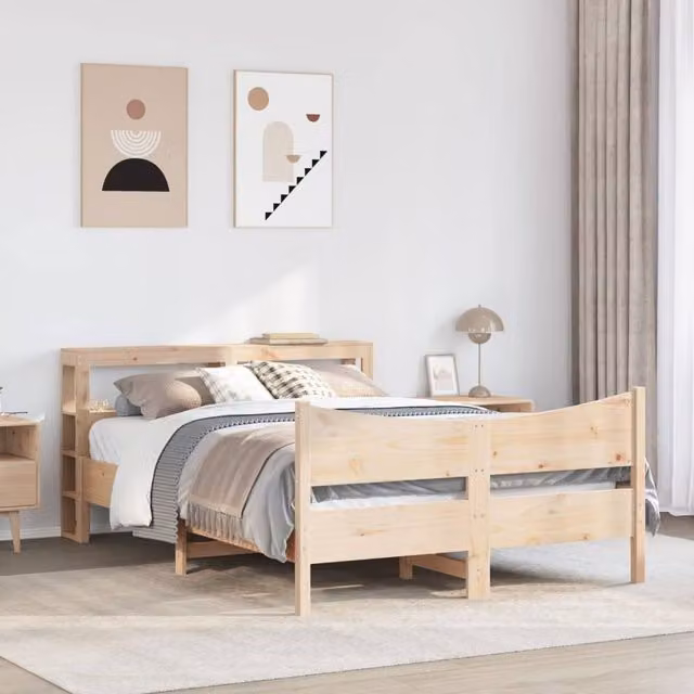 Berkfield Home Sleek Bed Frame with Headboard in Beige Solid Wood Pine, W/D/H: 140 x 200 cm