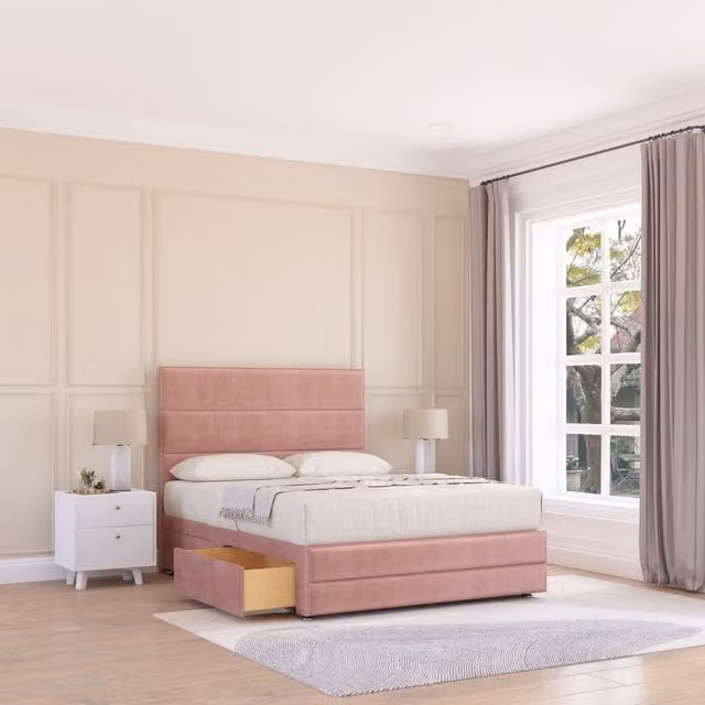Sloomy Monaco Upholstered Bed Base with 2 Drawers and Floor Standing Headboard in Pink, W/D/H: 120 x 200 x 90 cm