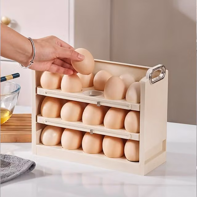 Livingandhome 3-Tier Egg Storage Holder with Flip-Up Design in Beige or White