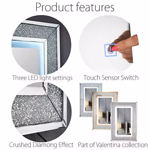 Ice Cream What's Your Flavour? Valentina Grey Wall Mirror with Touch Sensor LED Lights and Crushed Diamond Design, W/H: 105 x 70 cm – 4