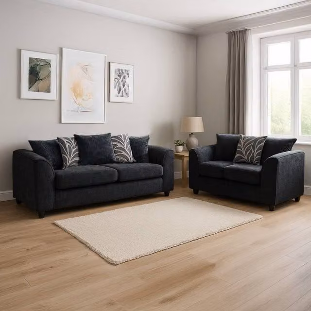 Furnishings For Less UK Zina Chenille Fabric 3 + 2 Seater Sofa Suite in Black